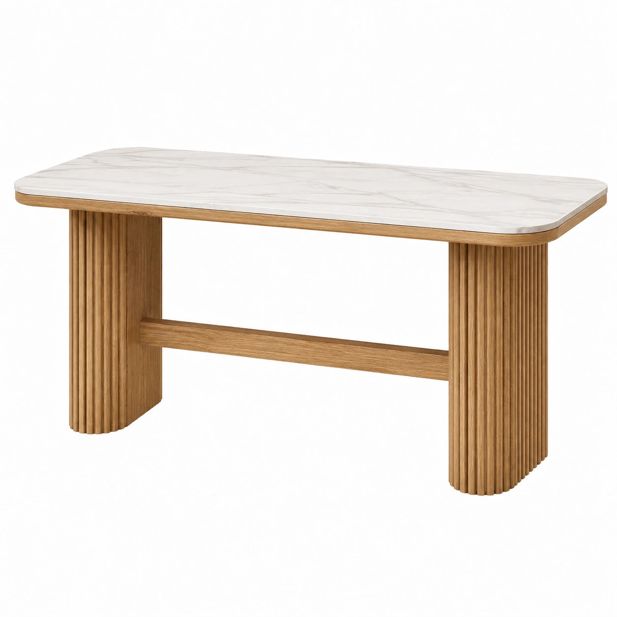 Esstisch 180 x 90 x 75 cm Weiß/Naturholz - Keramik Tischplatte geriffeltes Holzgestell